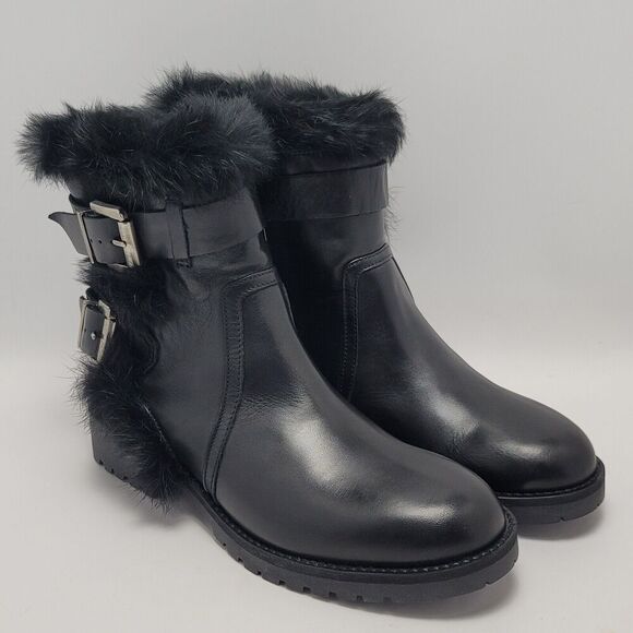 Charles David Reno Black Leather Faux Fur Buckle Side Zip Mid Ankle Boots Sz 38 - Picture 12 of 14